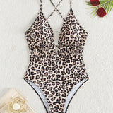 Swim Traje de bano para mujer con estampado de leopardo de una sola pieza con diseno de espalda descubierta y hombros con lazo para vacaciones, playa de verano