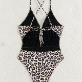 Swim Traje de bano para mujer con estampado de leopardo de una sola pieza con diseno de espalda descubierta y hombros con lazo para vacaciones, playa de verano