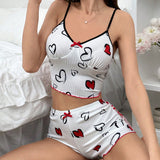 Conjunto de ropa interior para dormir para mujeres con estampado en forma de corazon, parche de encaje y decoracion de lazo en la camisola sexy