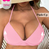 DD+ Top de bikini de cuello halter de unicolor para vacaciones en la playa