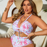 VCAY Conjunto de bikini sexy para mujeres de talla grande con estampado floral, corbata de cuello halter y traje de bano separado para playa de verano