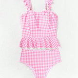 Swim Mod Conjunto de bikini para mujer, con top de chaleco sin mangas, estampado aleatorio y borde con volantes, 2 piezas