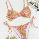 Swim Conjunto de bikini triangular con cuello halter y estampado floral para mujer, traje de bano de vacaciones