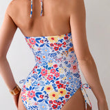 Swim Traje de bano de una pieza con estampado floral, cuello halter con lazo lateral para mujer, ideal para vacaciones