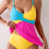 VCAY Conjunto de tankini para playa o piscina de tirantes espagueti de bloques de color para mujer y braga de triangulo de unicolor