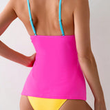 VCAY Conjunto de tankini para playa o piscina de tirantes espagueti de bloques de color para mujer y braga de triangulo de unicolor