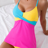 VCAY Conjunto de tankini para playa o piscina de tirantes espagueti de bloques de color para mujer y braga de triangulo de unicolor