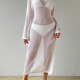 VCAY Vestido de playa tejido de mujer con detalle trasero descubierto y atado, con huecos en el tejido