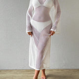 VCAY Vestido de playa tejido de mujer con detalle trasero descubierto y atado, con huecos en el tejido