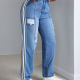 SXY Jeans de cinturon trenzado a rayas desgastados y de moda