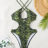 Swim SXY Monokini de vacaciones en la playa con estampado de piel de serpiente para mujer con diseno de espalda hueca y cuello halter