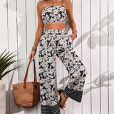 VCAY Conjunto casual de vacaciones de 2 piezas para mujer con camiseta de tirantes con estampado floral y pantalones largos