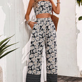 VCAY Conjunto casual de vacaciones de 2 piezas para mujer con camiseta de tirantes con estampado floral y pantalones largos