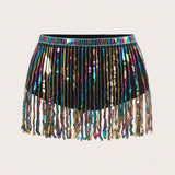 ICON Mini shorts de flecos de lentejuelas de arco iris con cintura ultra baja para festival de musica de verano