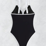 Swim Vcay Traje de bano de una pieza para mujer con ribete de contraste y tirantes, perfecto para vacaciones en la playa
