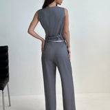 Aloruh Chaleco gris de estilo sencillo con botones diagonales y cinturon en la cintura + traje de cola larga de cintura baja para mujeres