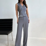 Aloruh Chaleco gris de estilo sencillo con botones diagonales y cinturon en la cintura + traje de cola larga de cintura baja para mujeres