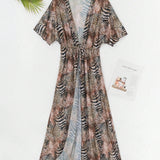 VCAY kimono cubierta completa con lazo frontal y estampado completo para mujer con escote en V profundo para el verano