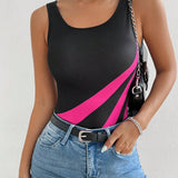 Essnce Mujer casual y vacacional body sin mangas de ajuste ajustado estilo bloque de color negro y rosa con cuello redondo