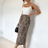 Essnce Conjunto de 2 piezas para mujer: Top de camisola acolchado de tirantes y falda partida de cintura alta con estampa de leopardo para primavera/verano