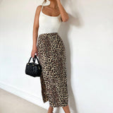 Essnce Conjunto de 2 piezas para mujer: Top de camisola acolchado de tirantes y falda partida de cintura alta con estampa de leopardo para primavera/verano
