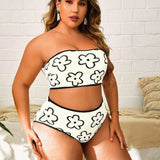 Swim Curve Conjunto de bikini de talla grande con estampado floral con parte superior bandeau con ribete de contraste y Bottom de cintura alta