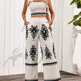 VCAY Conjunto holgado de top envolvente bandeau y pantalones impresos con flores para mujer, ideal para vacaciones