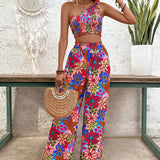 VCAY Conjunto de top corto sin mangas con un hombro descubierto y pantalones sueltos con estampado floral para las vacaciones de verano de la mujer