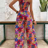 VCAY Conjunto de top corto sin mangas con un hombro descubierto y pantalones sueltos con estampado floral para las vacaciones de verano de la mujer