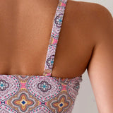 VCAY Conjunto de traje de bano Tankini para mujeres con estampado completo en la parte superior en cuello en V y Bottom en unicolor, separadas como piezas individuales