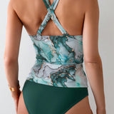 VCAY Conjunto de trajes de bano tankinis de verano para mujer con blusa estampada de cuello en V y Bottom unicolor en forma de triangulo