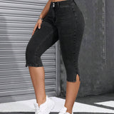 EZwear Jeans de mezclilla informales para mujer con cintura alta, dobladillo dividido y longitud 3/4 para uso diario