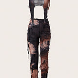 ICON Conjunto de top tubo y pantalon largo asimetrico de red con estampado tie-dye para mujer, sexy y de verano