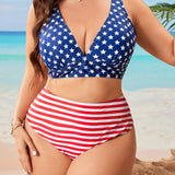 Swim Vcay Conjunto de bikini sexy impreso con diseno americano para mujer de talla grande para la playa y dias festivos de verano, conjunto de sujetador y bikini para el 4 de julio.