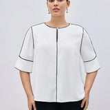 BIZwear Camisa de a grande para mujer con bloqueo de colores blanco y negro, sencilla para uso diario, casual/negocios/trabajo