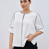 BIZwear Camisa de a grande para mujer con bloqueo de colores blanco y negro, sencilla para uso diario, casual/negocios/trabajo