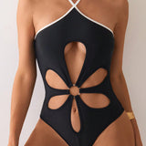 Swim Chicsea Monokini sexy con cuello halter de enlace circular hueco floral para mujer