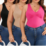 Juego de 3 piezas de body de a grande elegante y ajustado, camiseta sin mangas con escote en V, negro, rosa y albaricoque, adecuado para superponer, salir diariamente y trabajar