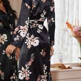 LuxeNights Bata de mujer elegante de manga larga con estampado floral