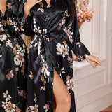 LuxeNights Bata de mujer elegante de manga larga con estampado floral