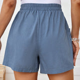 LUNE Pantalones cortos azules casuales para mujeres con cintura elastica y decoracion de botones de unicolor