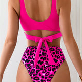 Swim Monokini para mujer con estampado de leopardo y recortes, con diseno de parches