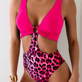 Swim Monokini para mujer con estampado de leopardo y recortes, con diseno de parches