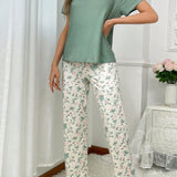 Conjunto de pijama para mujer con estampado floral que incluye una camiConjuntoa casual con cuello redondo de manga corta en unicolor y pantalones de dormir