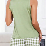 Conjunto veraniego de pijama comodo con top de tirantes verde casual y shorts de cuadros estampados