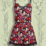 Frida Kahlo X  Enterizos romanos para mujer con encaje de contraste en la figura y estampado floral