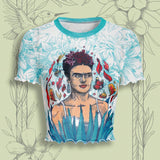 Frida Kahlo X  Top corto de malla transparente con ribete de lechuga y estampado de plantas para mujer, verano