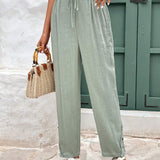 Frenchy Pantalones largos de cintura alta y unicolor sencillo para mujeres, de moda para el verano