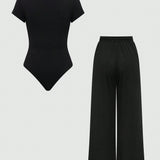 EZwear Juego de 2 piezas para mujeres con blusa impresa simple y pantalones largos
