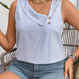 Camisa sin mangas irregular de a grande para mujer con cuello decorado con botones y estampado de rayas azules y blancas para vacaciones de verano casuales